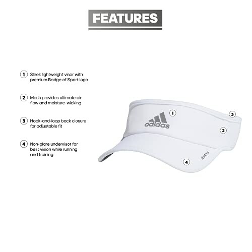 White Adidas visor with features highlighted.