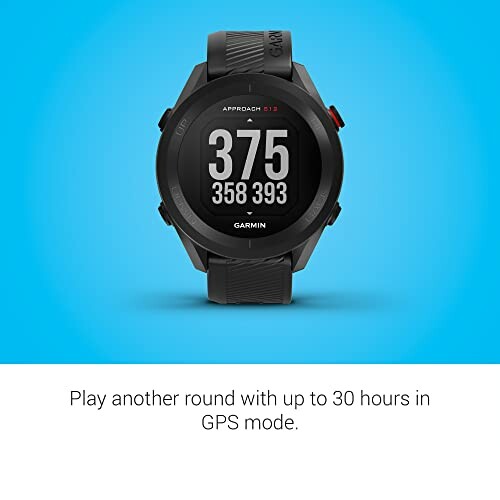Garmin smartwatch displaying GPS mode with 30 hours battery life.