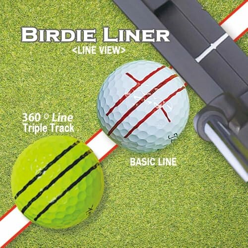 Golf balls with alignment lines on grass, featuring Birdie Liner tool.