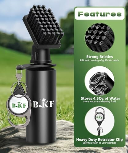 Golf club cleaning tool with strong bristles and keychain attachment.