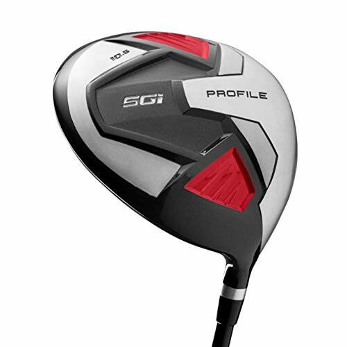 Golf club driver head with red and silver design.