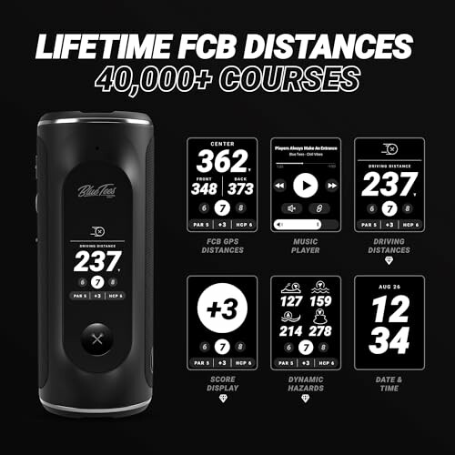 Golf GPS distance tracker with various display screens and features.