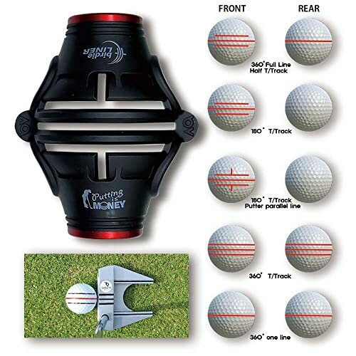 Golf putting alignment tool with golf balls showing alignment lines.