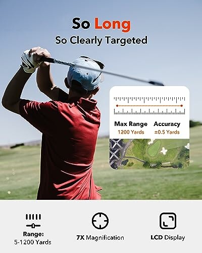 Golfer using rangefinder with max range 1200 yards and LCD display.