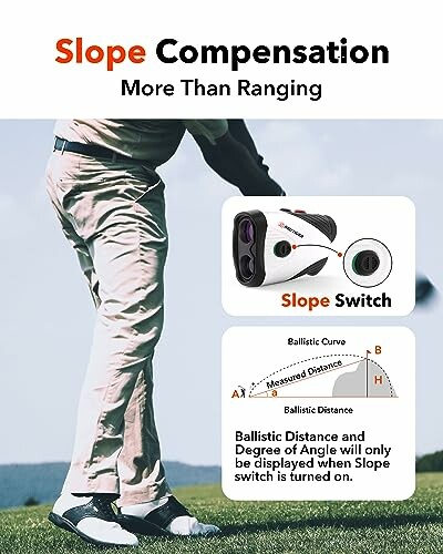 Golfer using rangefinder with slope compensation feature.