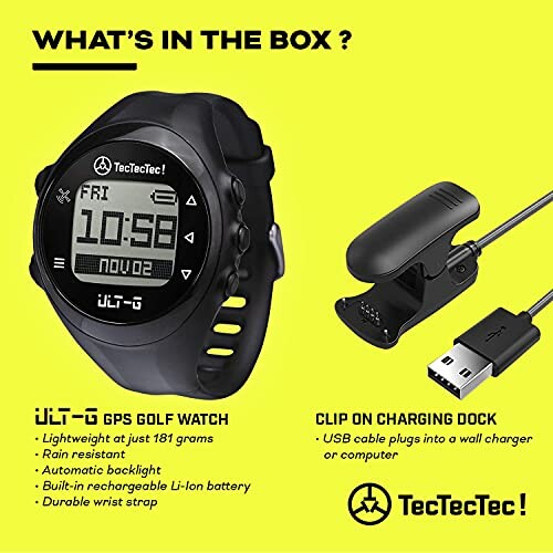 TecTecTec GPS golf watch with charging dock and USB cable.