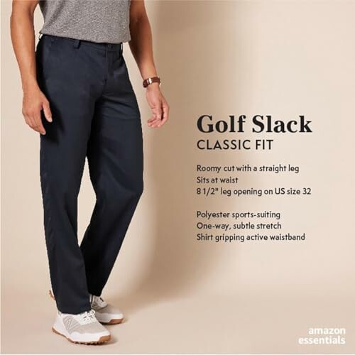 Man wearing golf slack pants with description of features.