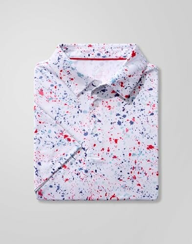 Folded polo shirt with colorful paint splatter design.