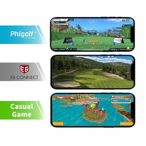 Three smartphone screens showing Phigolf game, E6 Connect, and Casual Game interfaces.