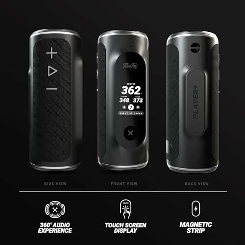 Three views of a portable Bluetooth speaker with features listed below.