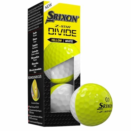 Srixon Z-Star Divide yellow and white golf balls in packaging.