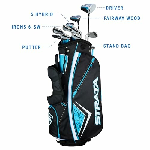 Strata golf club set including driver, fairway wood, hybrid, irons, putter, and stand bag.