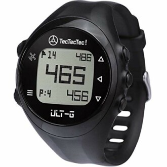 TecTecTec golf GPS watch with black strap and digital display.
